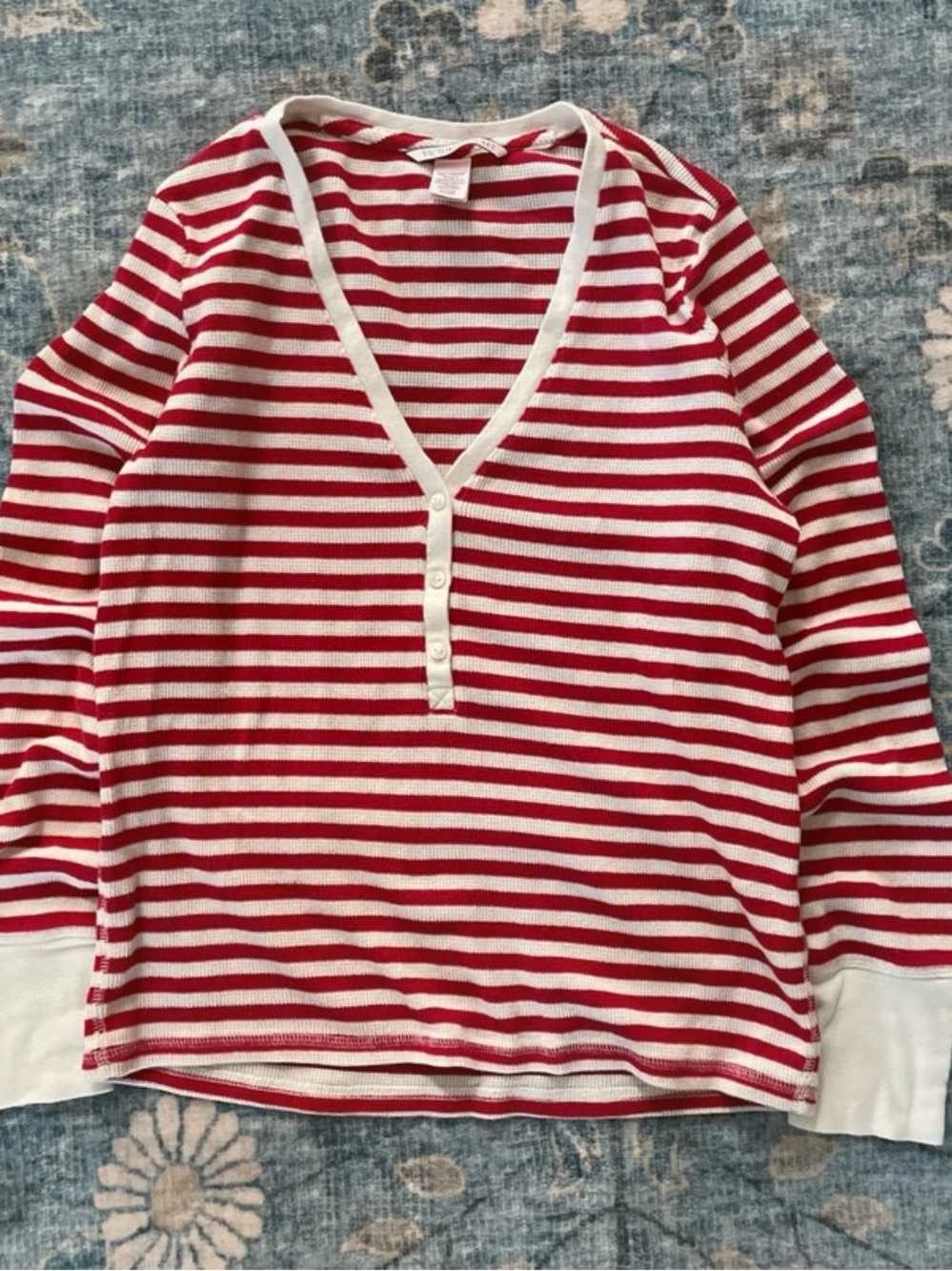 Victoria Secret Red & White Striped Long Sleeve Henley Shirt